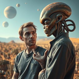 A striking scene featuring an adult human engaged in a deep conversation with an extraterrestrial being