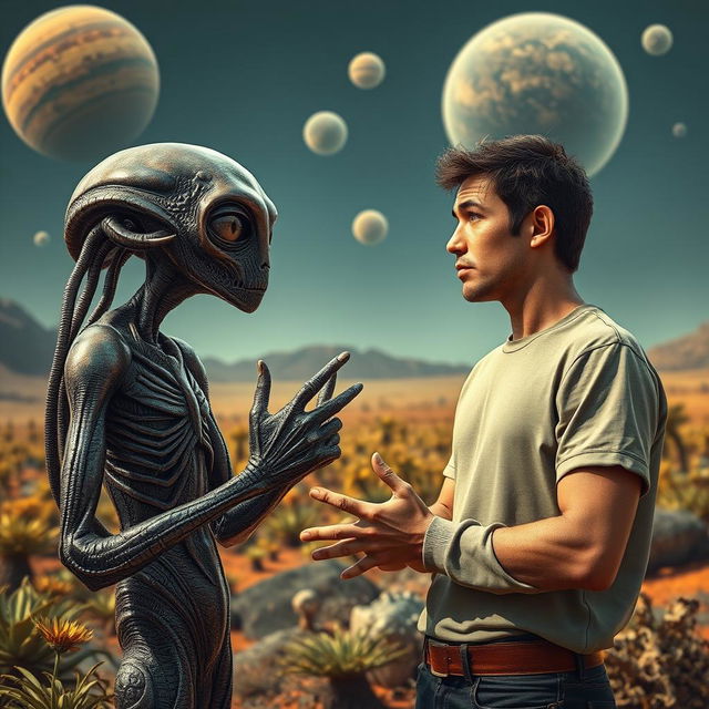 A striking scene featuring an adult human engaged in a deep conversation with an extraterrestrial being