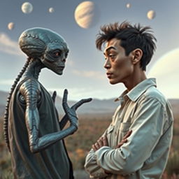 A striking scene featuring an adult human engaged in a deep conversation with an extraterrestrial being