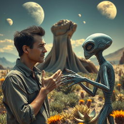 A striking scene featuring an adult human engaged in a deep conversation with an extraterrestrial being