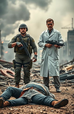 A dramatic scene depicting a soldier and a scientist standing victorious over a defeated terrorist in a war-torn environment