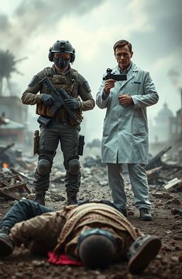 A dramatic scene depicting a soldier and a scientist standing victorious over a defeated terrorist in a war-torn environment