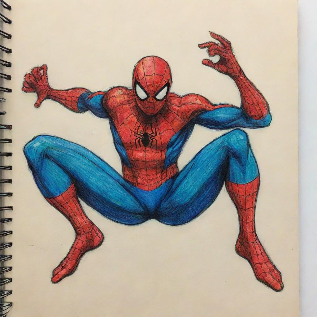 A sketch of Spiderman, filled with vibrant colors and details, found on a page of a well-worn notebook.