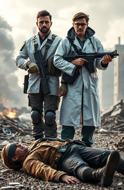 A dramatic scene depicting a soldier and a scientist standing victorious over a defeated terrorist in a war-torn environment