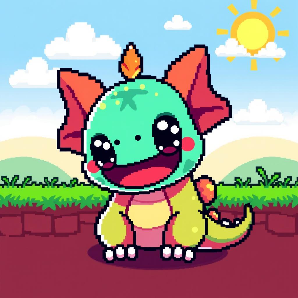 A vibrant 16x16 pixel art design featuring a cute and whimsical character, such as a small dragon or a friendly monster, with big expressive eyes and a colorful body