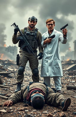 A dramatic scene depicting a soldier and a scientist standing victorious over a defeated terrorist in a war-torn environment