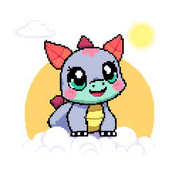 A vibrant 16x16 pixel art design featuring a cute and whimsical character, such as a small dragon or a friendly monster, with big expressive eyes and a colorful body