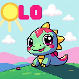 A vibrant 16x16 pixel art design featuring a cute and whimsical character, such as a small dragon or a friendly monster, with big expressive eyes and a colorful body