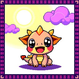 A vibrant 16x16 pixel art design featuring a cute and whimsical character, such as a small dragon or a friendly monster, with big expressive eyes and a colorful body