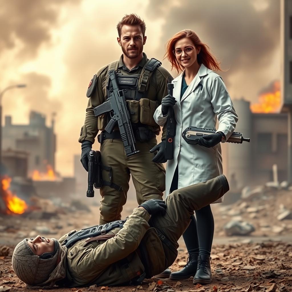 A dramatic scene depicting a male soldier and a female scientist standing together triumphantly over a defeated terrorist in a war-torn environment