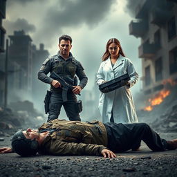 A dramatic scene depicting a male soldier and a female scientist standing together triumphantly over a defeated terrorist in a war-torn environment