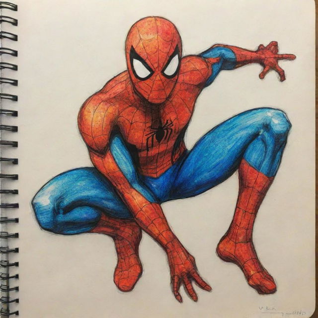 A sketch of Spiderman, filled with vibrant colors and details, found on a page of a well-worn notebook.