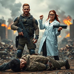 A dramatic scene depicting a male soldier and a female scientist standing together triumphantly over a defeated terrorist in a war-torn environment