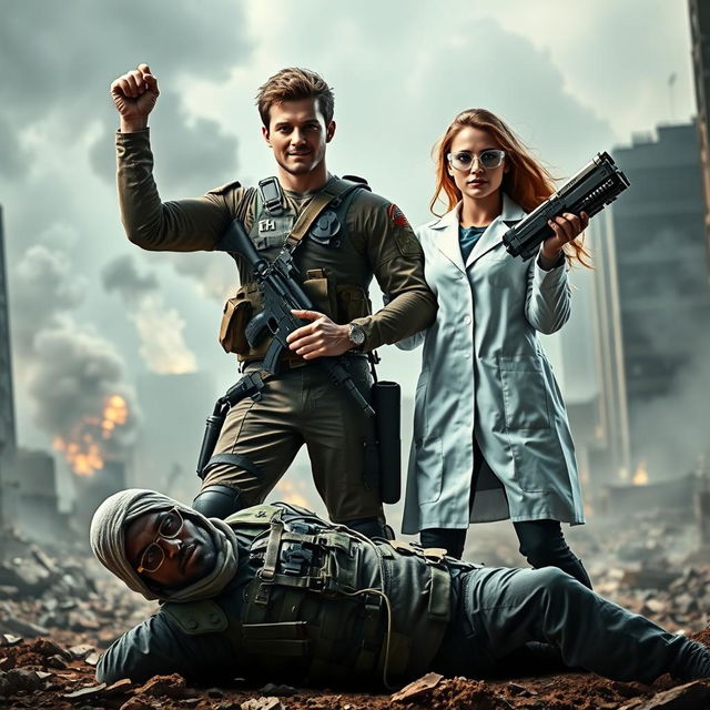 A dramatic scene depicting a male soldier and a female scientist standing together triumphantly over a defeated terrorist in a war-torn environment