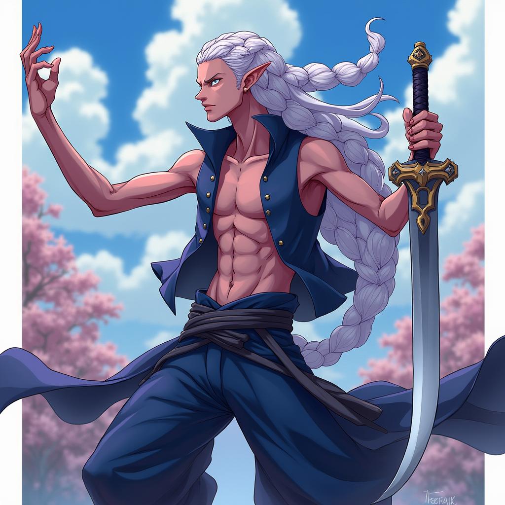 An anime art style influenced by One Piece, featuring a slender, skinny Elven man with dark-purple skin and very long silver hair expertly braided