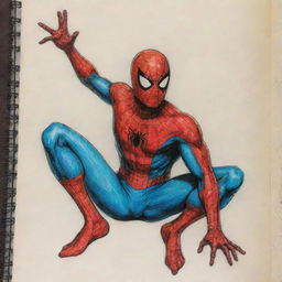 A sketch of Spiderman, filled with vibrant colors and details, found on a page of a well-worn notebook.