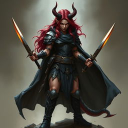 A fierce Tiefling warrior with nearly black eyes that glow a vibrant golden when angry