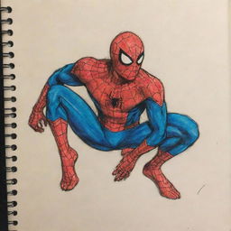 A sketch of Spiderman, filled with vibrant colors and details, found on a page of a well-worn notebook.