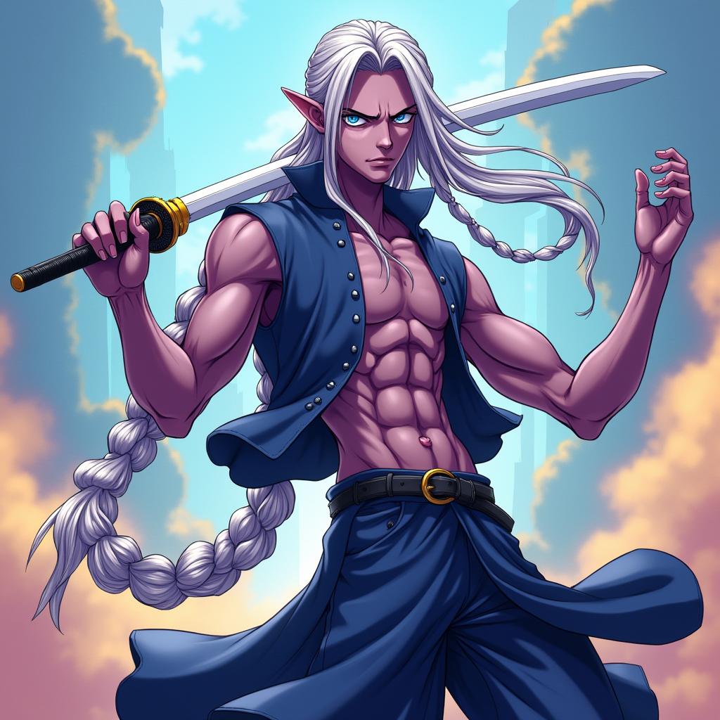 An anime art style inspired by One Piece, depicting a slender Elven man with dark-purple skin and exceptionally long silver hair elegantly braided