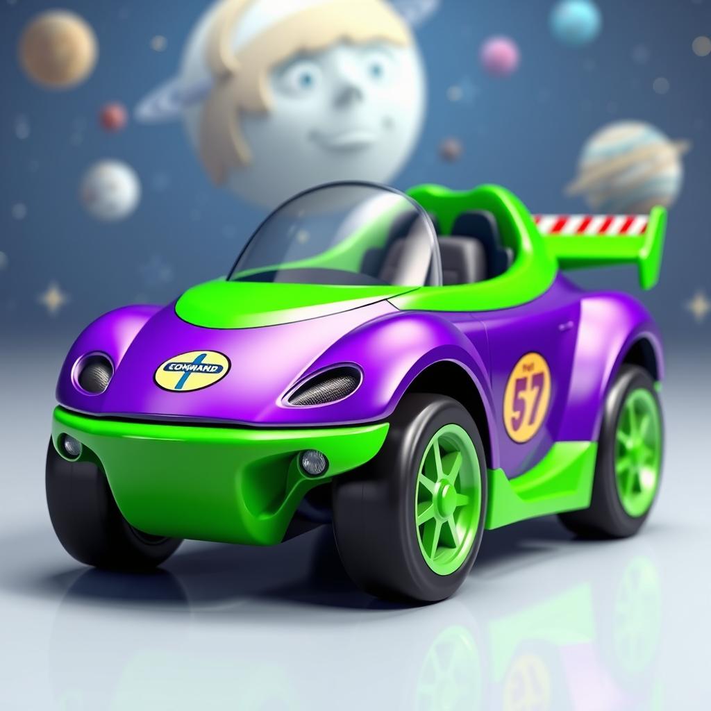 A highly detailed 3D rendering of a model car inspired by Buzz Lightyear from Toy Story