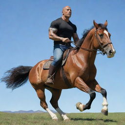 A realistic and detailed portrait of Dwayne 'The Rock' Johnson riding a muscular, majestic horse in a grassy terrain with a clear blue sky overhead.