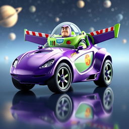 A highly detailed 3D rendering of a model car inspired by Buzz Lightyear from Toy Story