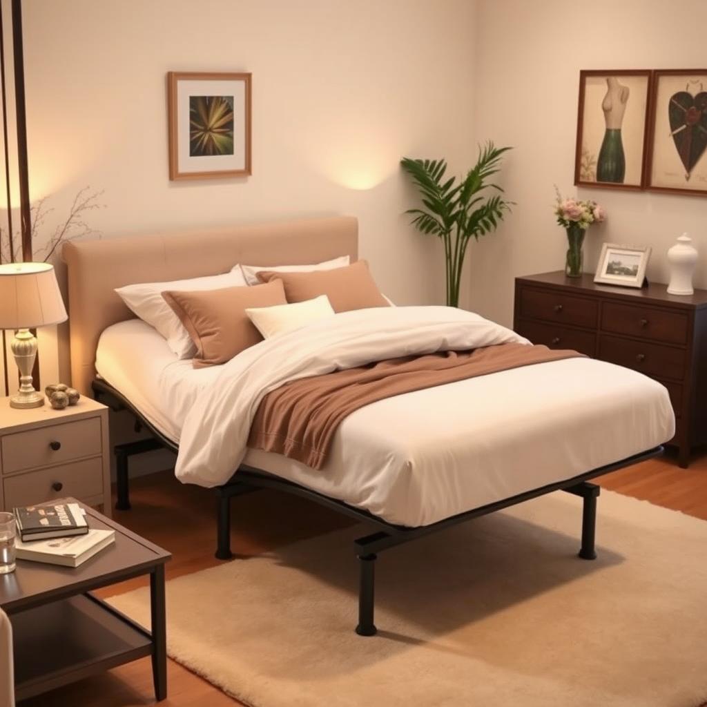 A beautifully arranged bedroom showcasing a comfortable bed designed for an elderly person