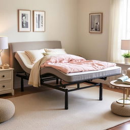 A beautifully arranged bedroom showcasing a comfortable bed designed for an elderly person