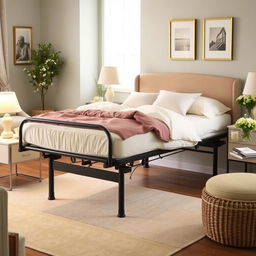 A beautifully arranged bedroom showcasing a comfortable bed designed for an elderly person