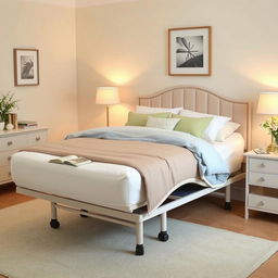 A beautifully arranged bedroom showcasing a comfortable bed designed for an elderly person