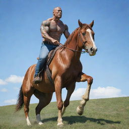 A realistic and detailed portrait of Dwayne 'The Rock' Johnson riding a muscular, majestic horse in a grassy terrain with a clear blue sky overhead.