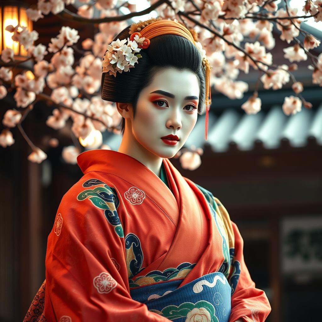 A stunning portrayal of an Onnagata, the male actor who plays female roles in traditional Japanese Noh or Kabuki theater