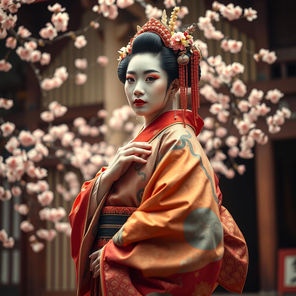 A stunning portrayal of an Onnagata, the male actor who plays female roles in traditional Japanese Noh or Kabuki theater