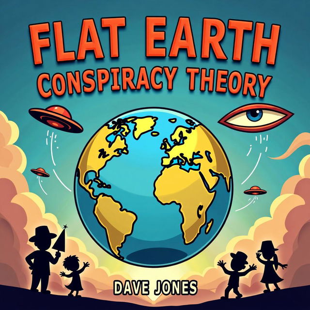 A humorous and eye-catching book cover for a title "FLAT EARTH CONSPIRACY THEORY JOKE BOOK"