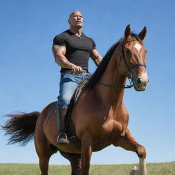 A realistic and detailed portrait of Dwayne 'The Rock' Johnson riding a muscular, majestic horse in a grassy terrain with a clear blue sky overhead.