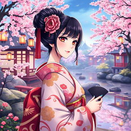 An anime-style artwork featuring a Geisha, elegantly dressed in a beautifully designed kimono with rich colors and intricate patterns