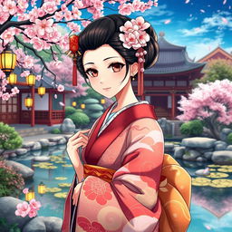 An anime-style artwork featuring a Geisha, elegantly dressed in a beautifully designed kimono with rich colors and intricate patterns