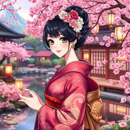 An anime-style artwork featuring a Geisha, elegantly dressed in a beautifully designed kimono with rich colors and intricate patterns