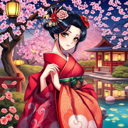 An anime-style artwork featuring a Geisha, elegantly dressed in a beautifully designed kimono with rich colors and intricate patterns