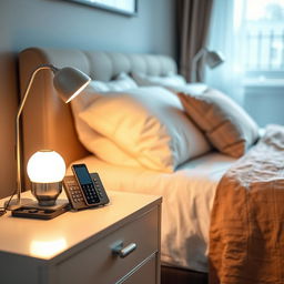 An inviting and safe bedroom setup designed for an elderly individual, featuring a bedside area that emphasizes accessibility and safety