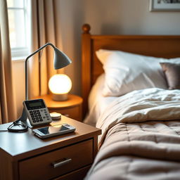 An inviting and safe bedroom setup designed for an elderly individual, featuring a bedside area that emphasizes accessibility and safety