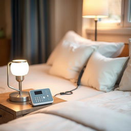 An inviting and safe bedroom setup designed for an elderly individual, featuring a bedside area that emphasizes accessibility and safety