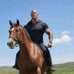 A realistic and detailed portrait of Dwayne 'The Rock' Johnson riding a muscular, majestic horse in a grassy terrain with a clear blue sky overhead.