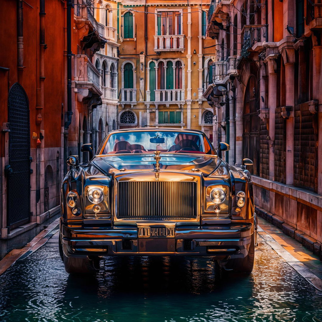 Close-up editorial shot of a Rolls Royce hearse in Venice, captured in 32k HD by Amy Shore.