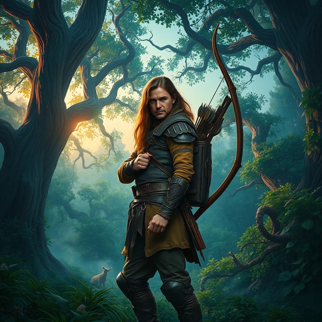 An adventurous archer standing confidently in a dense, enchanted forest