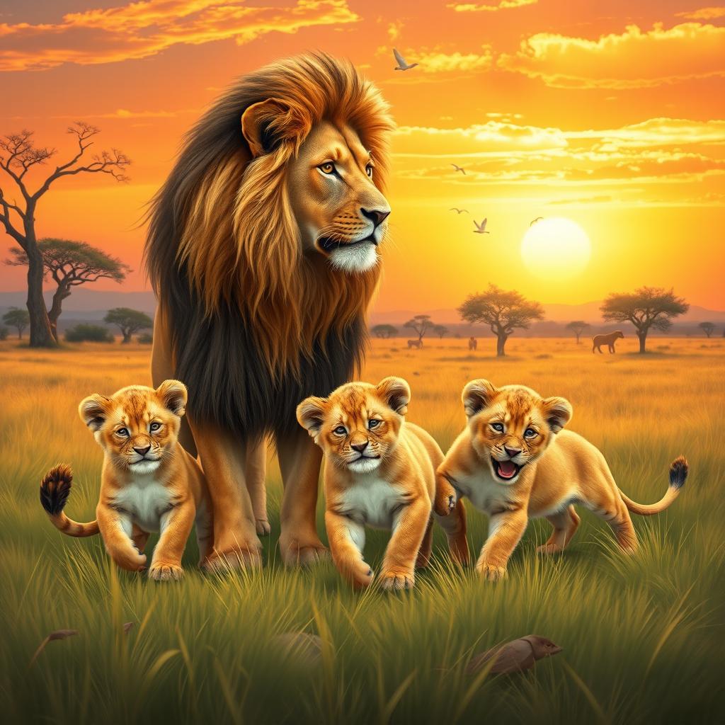 A heartwarming scene depicting a lion and a lioness together with their three playful cubs in a natural habitat