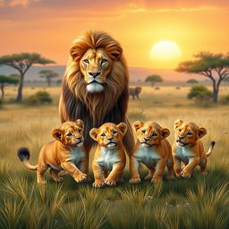 A heartwarming scene depicting a lion and a lioness together with their three playful cubs in a natural habitat