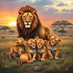 A heartwarming scene depicting a lion and a lioness together with their three playful cubs in a natural habitat