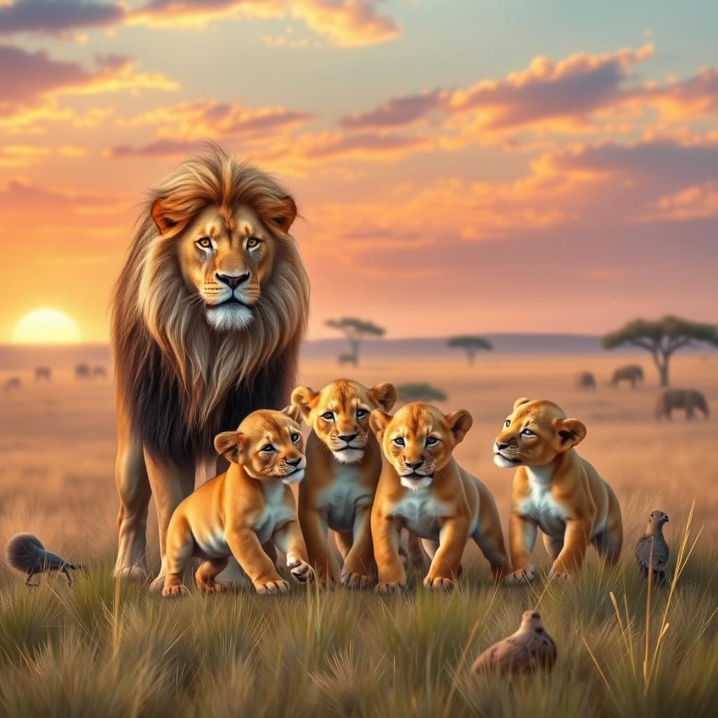 A heartwarming scene depicting a lion and a lioness together with their three playful cubs in a natural habitat