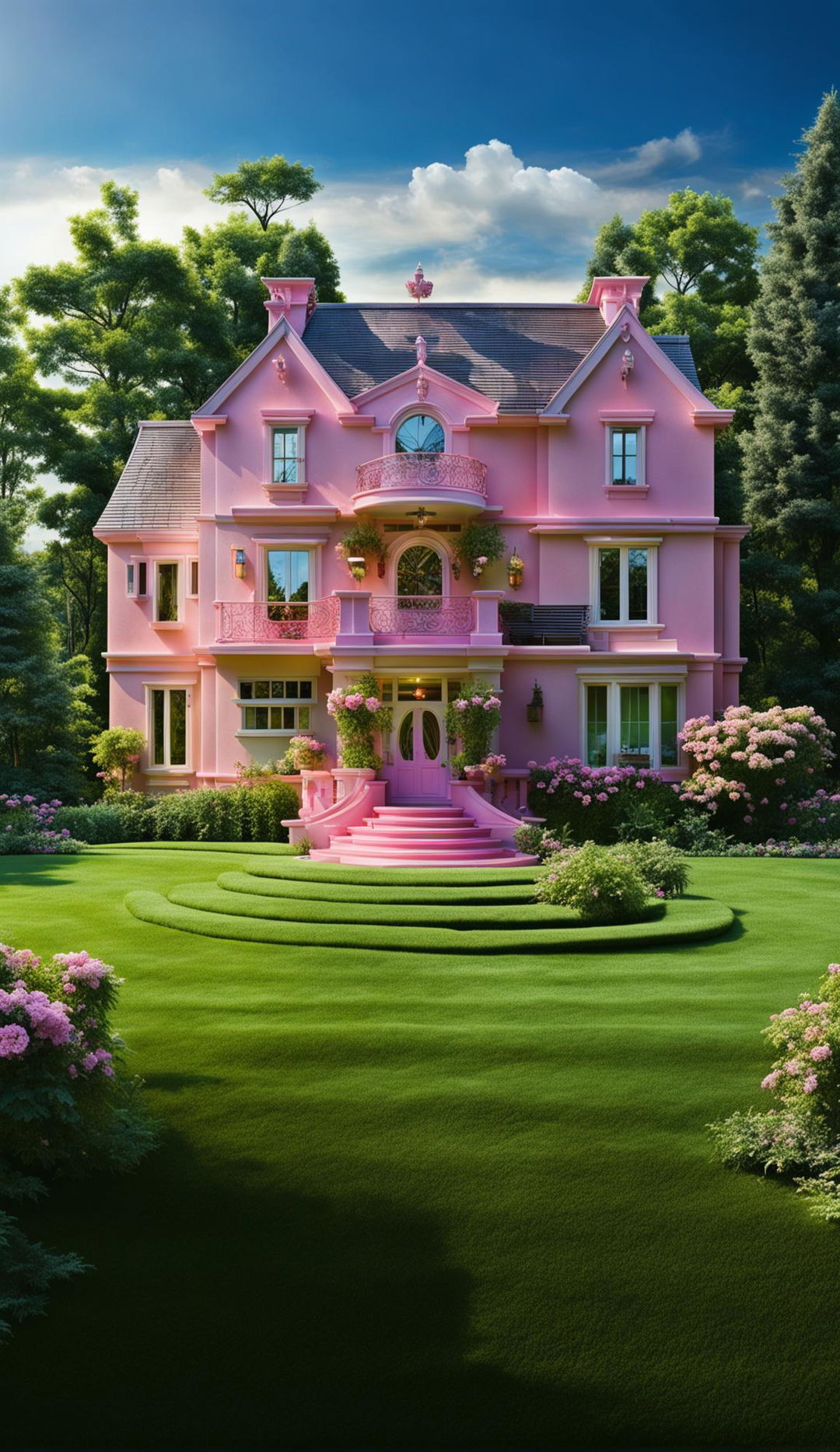 A real-life Barbie Dream House Estate in vibrant pink stands on a perfectly mowed green lawn under cinematic lighting in a professional HD photograph.